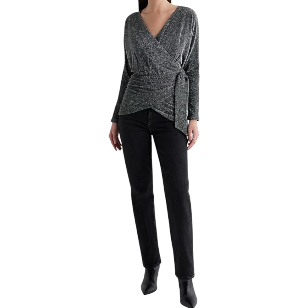 Express  Metallic V-Neck Surplice Wrap Tie Waist Top Womens Large Black Shimmer